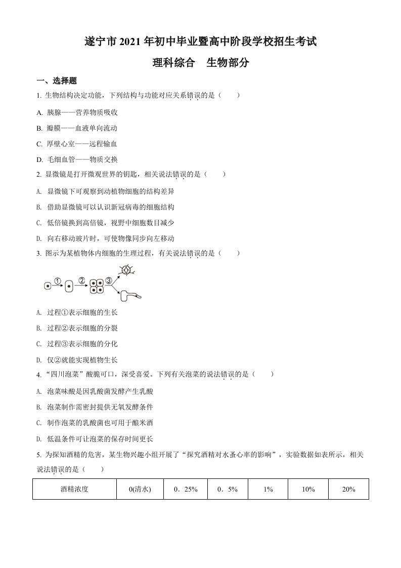 四川省遂宁市2021年中考生物试题（空白卷）