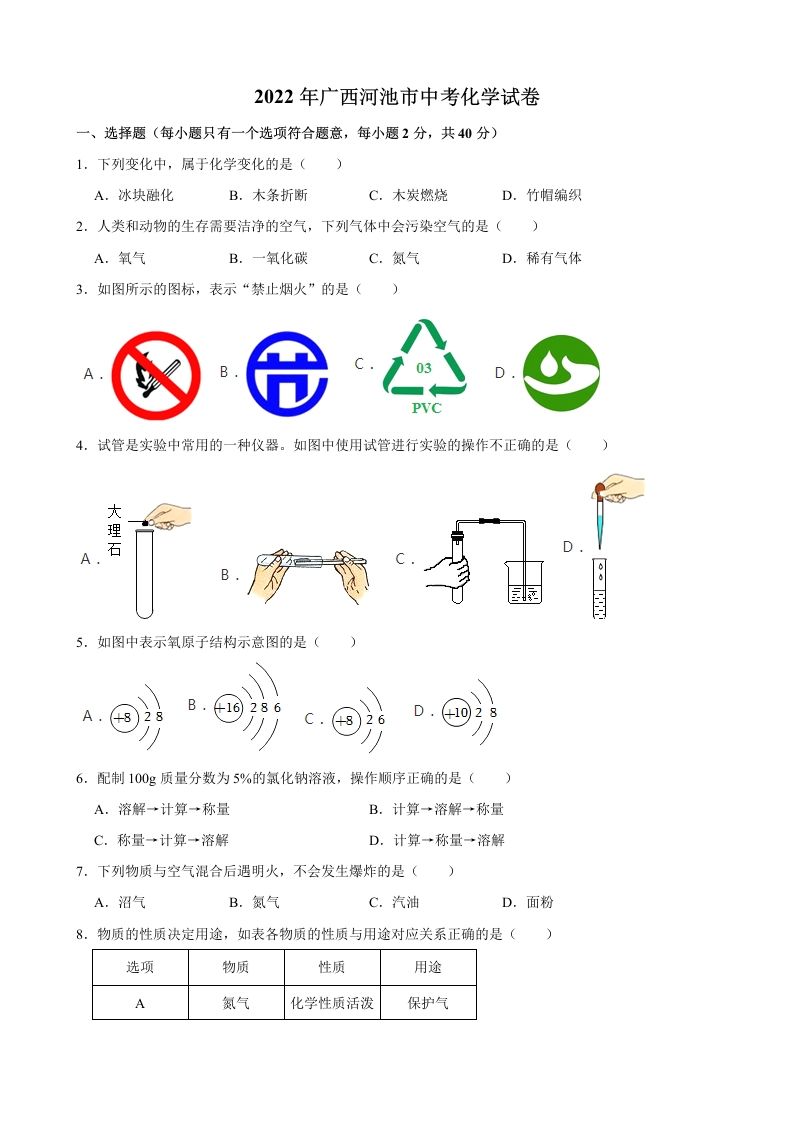2022年广西河池市中考化学真题