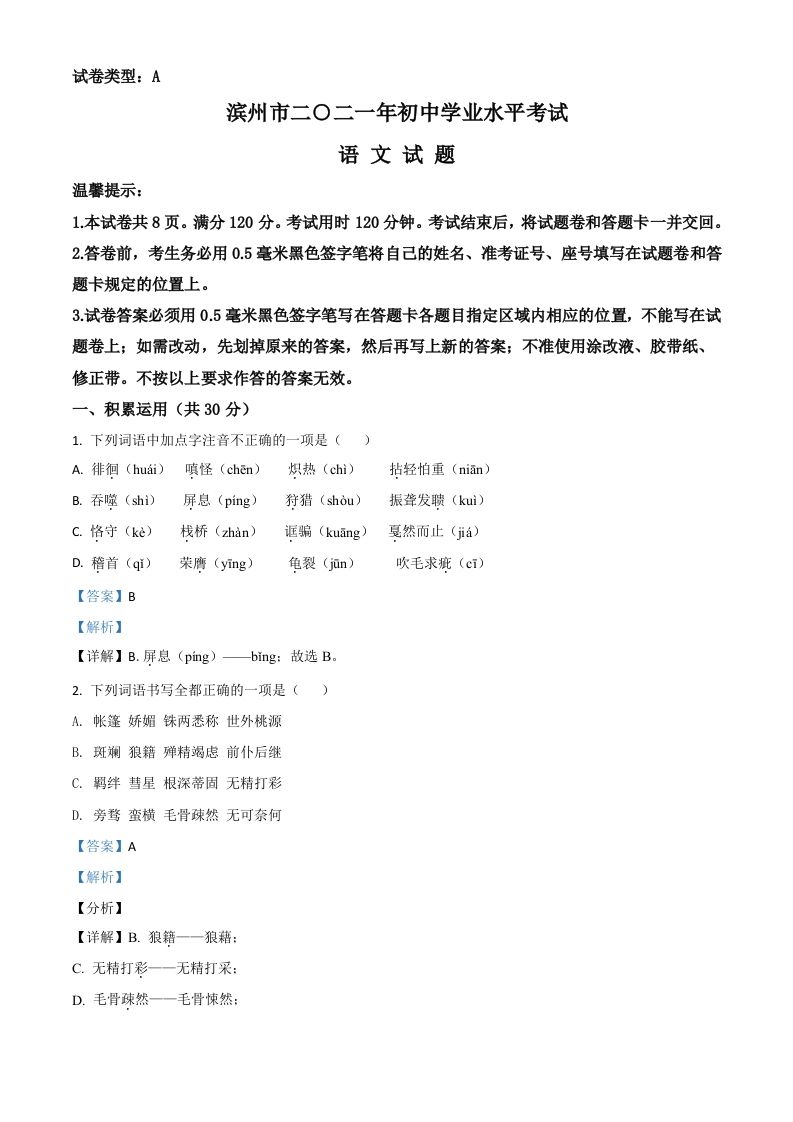 山东省滨州市2021年中考语文试题（含答案）