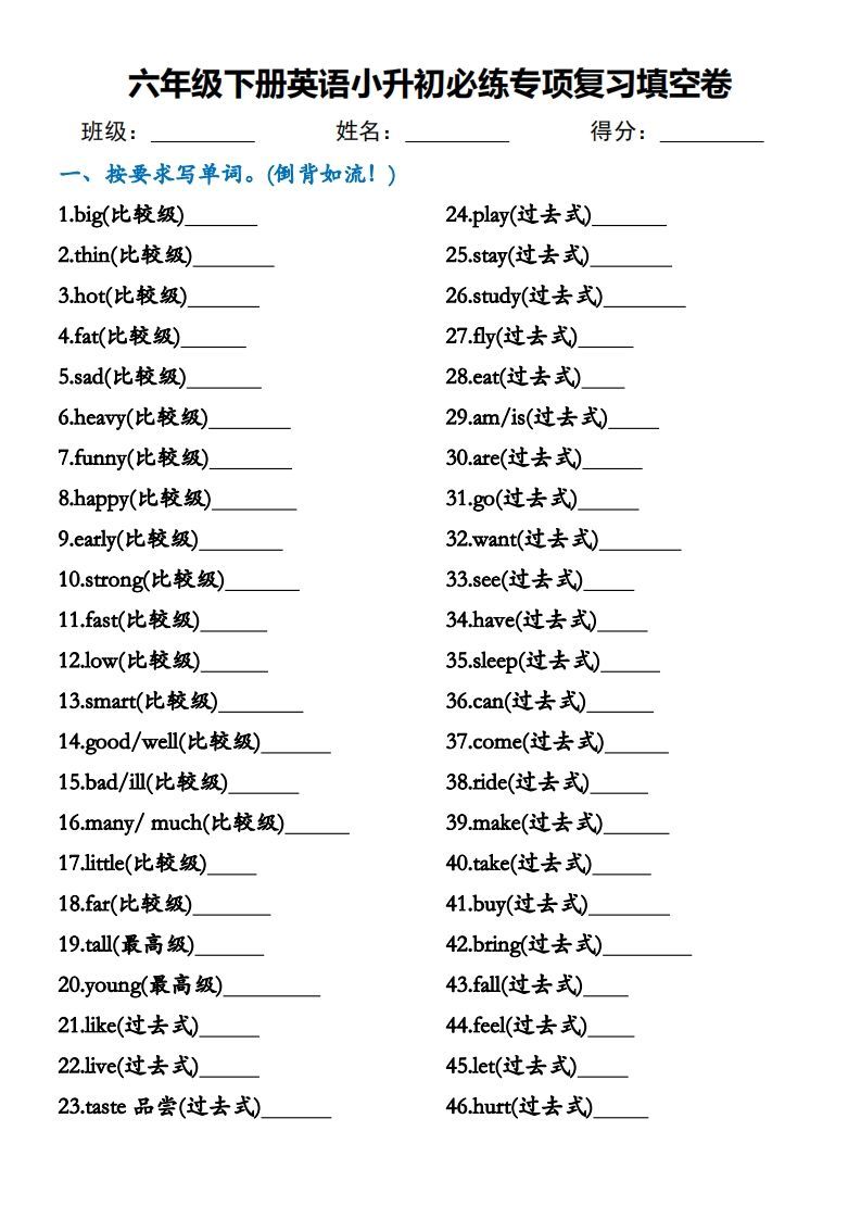 小升初必练专项复习填空卷六下英语(1)