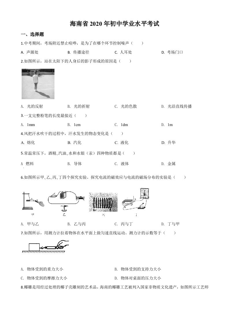 2020年海南省中考物理试题（空白卷）