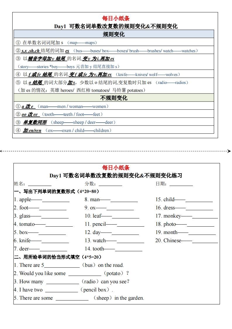 合并版小学语法每日小纸条