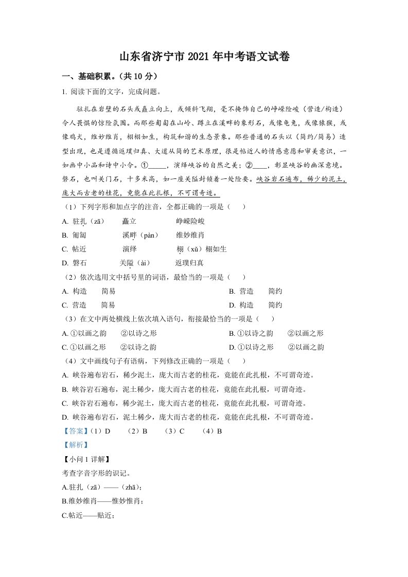 山东省济宁市2021年中考语文试题（含答案）