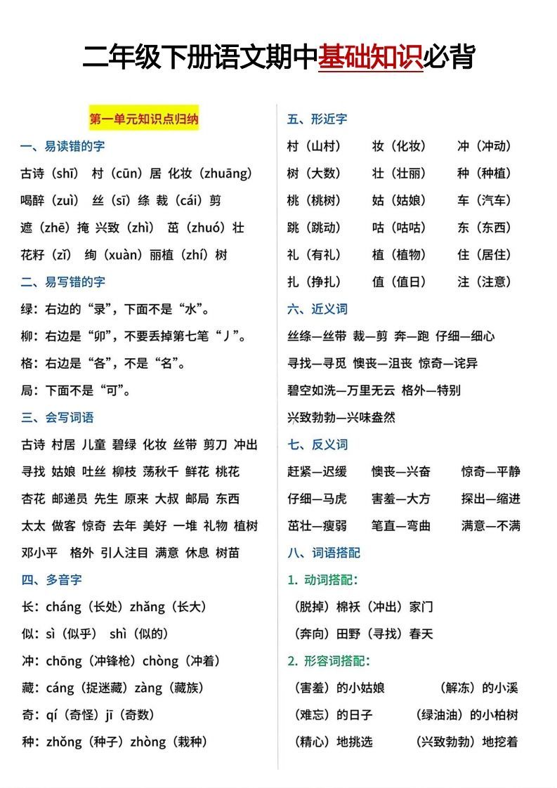 二年级下册期中基础知识必背