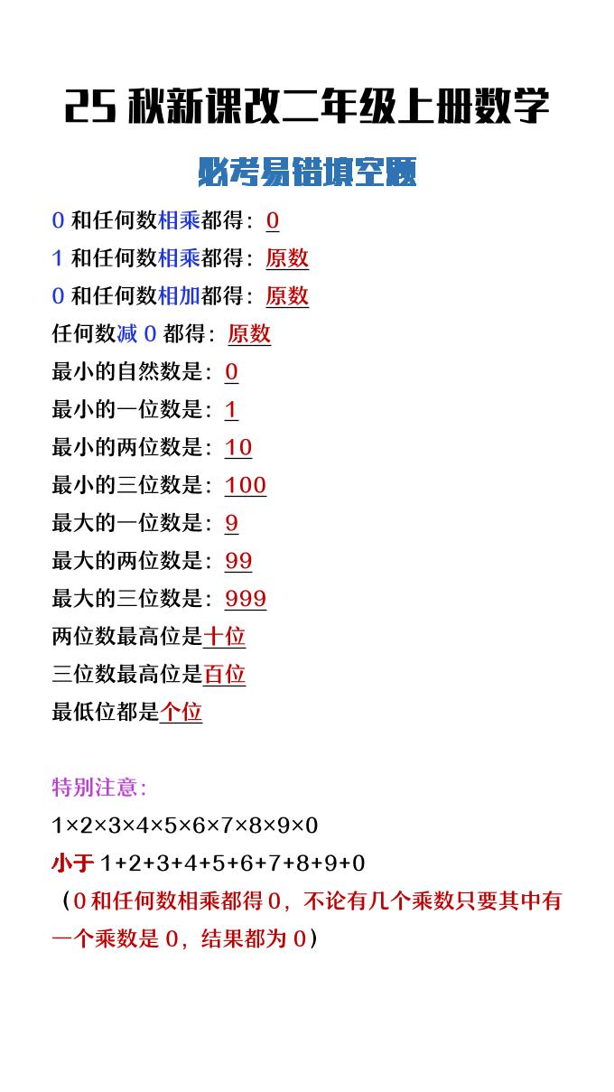 【2025秋新版】二年级上册数学必考易错填空题
