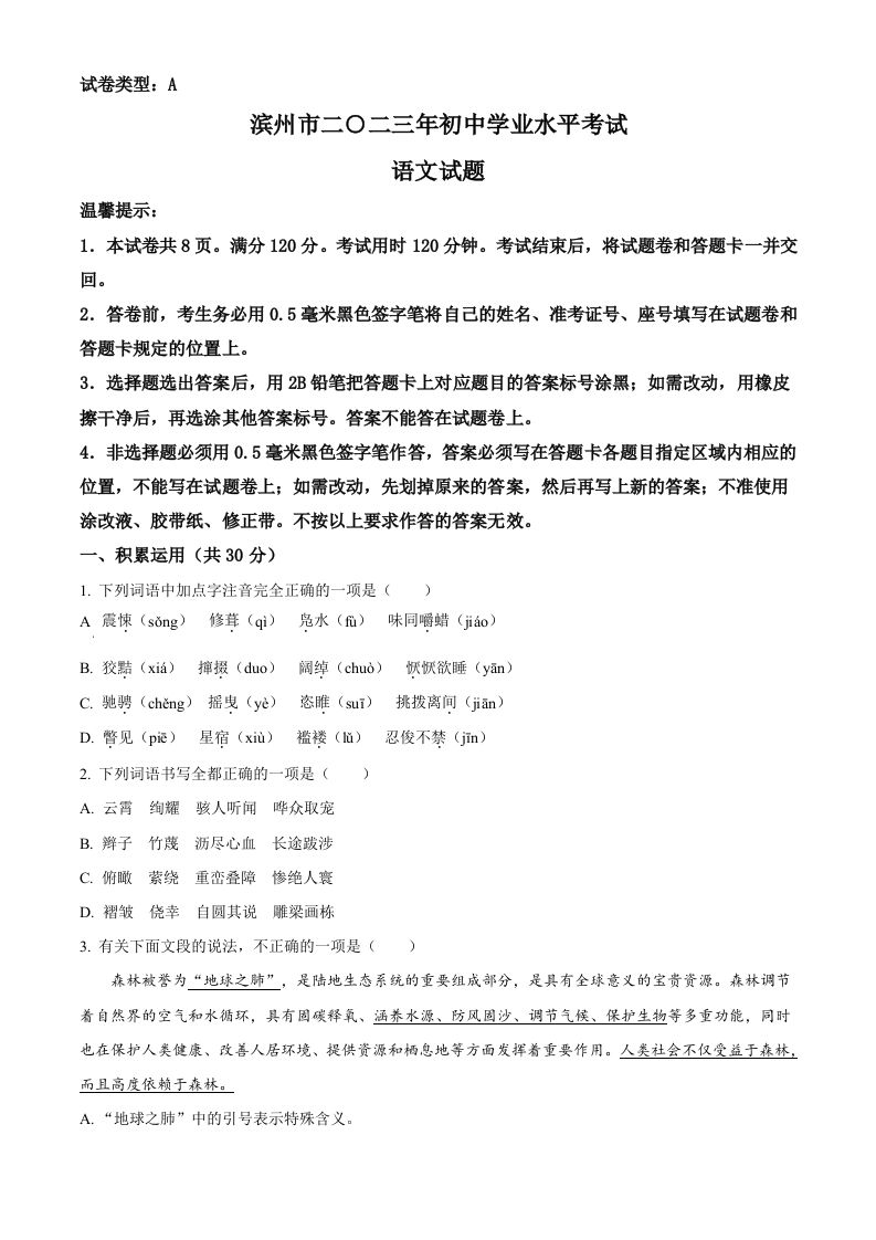 2023年山东省滨州市中考语文真题（空白卷）