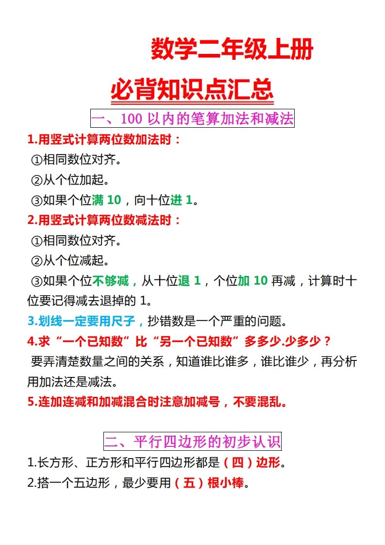 【苏教版】二上数学重点知识点汇总预习