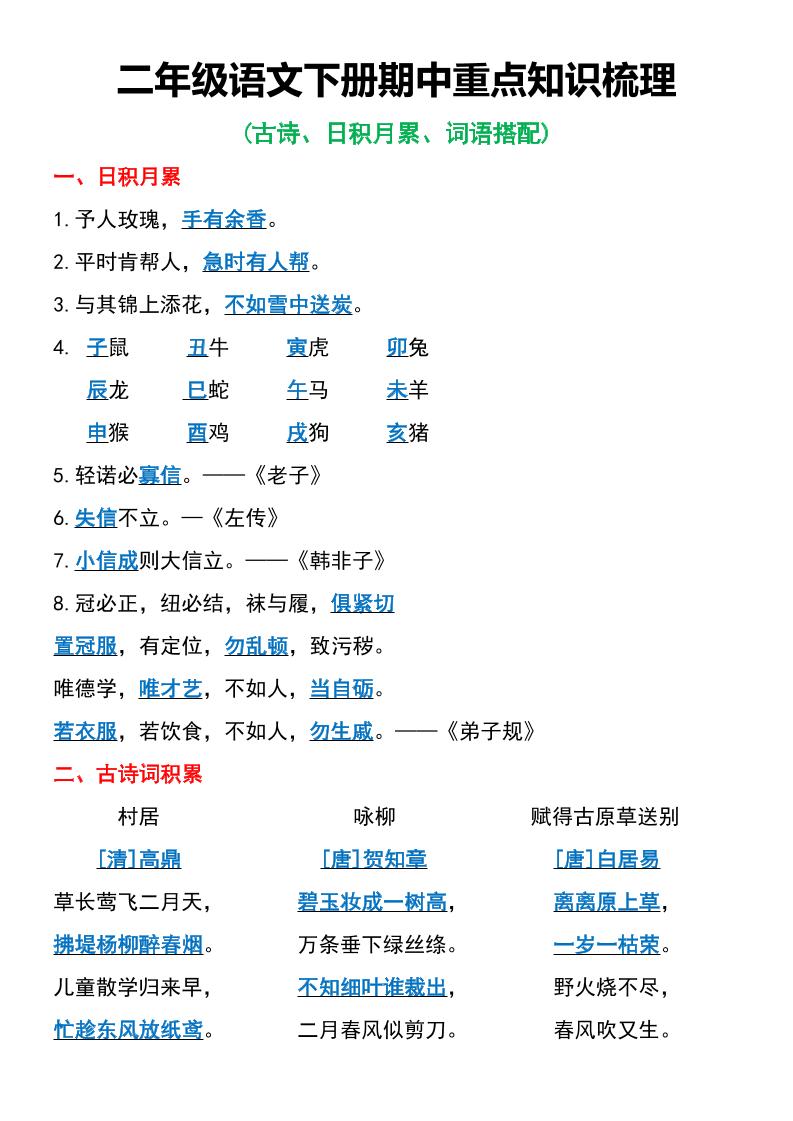 二年级语文下册期中重点知识梳理6页