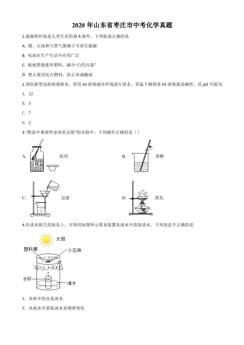 山东省枣庄市2020年中考化学试题（空白卷）