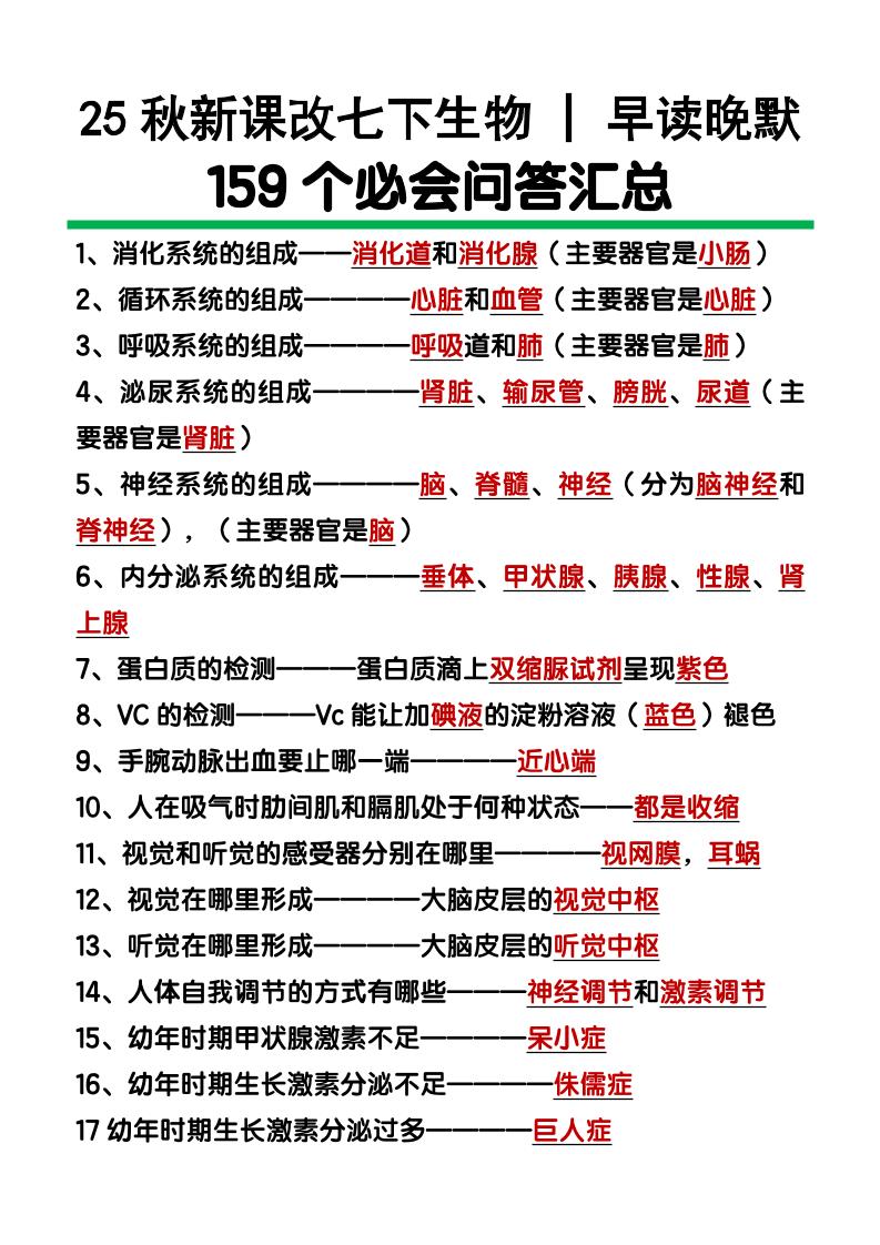 【2025秋新版】七下生物159个必会问答汇总