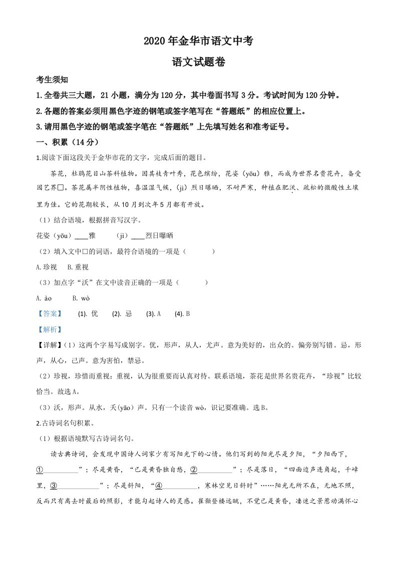 浙江省金华、丽水、义乌2020年中考语文试题（含答案）