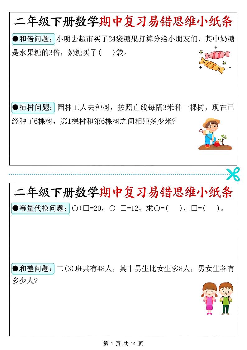 二年级下册数学期中复习易错思维小纸条