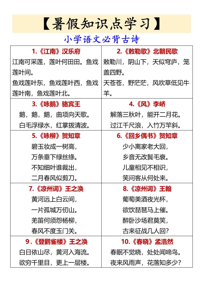 【暑假知识点学习】小学语文必背古诗-小升初语文
