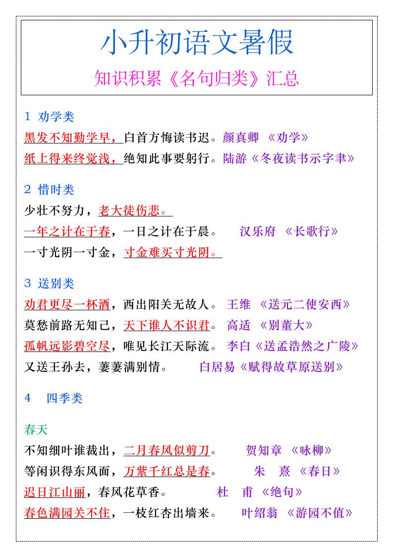 小升初语文暑假必背知识积累《名句归类》汇总-小升初语文