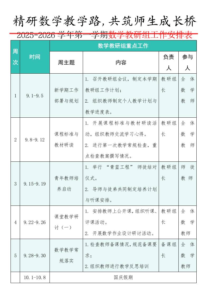 2025-2026学年第一学期数学教研组工作安排表：精研数学教学路，共筑师生成长桥