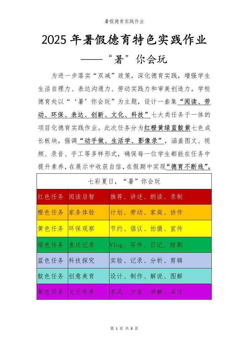2025年夏季暑假实践特色作业