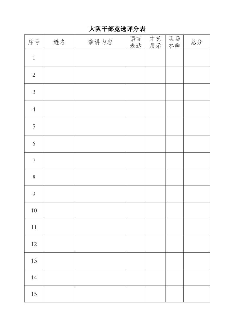 大队干部竞选评分表