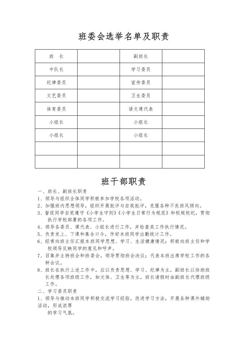 班委会选举名单及职责