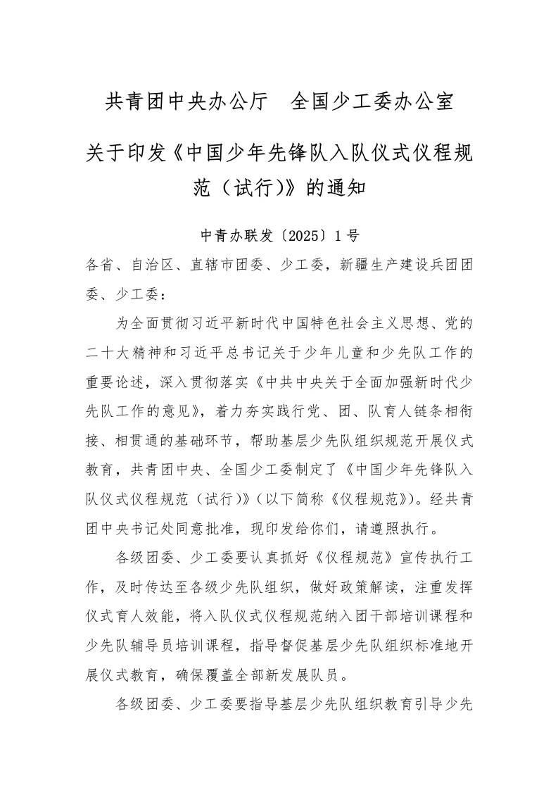 2025版《中国少年先锋队入队仪式仪程规范（试行）》的通知