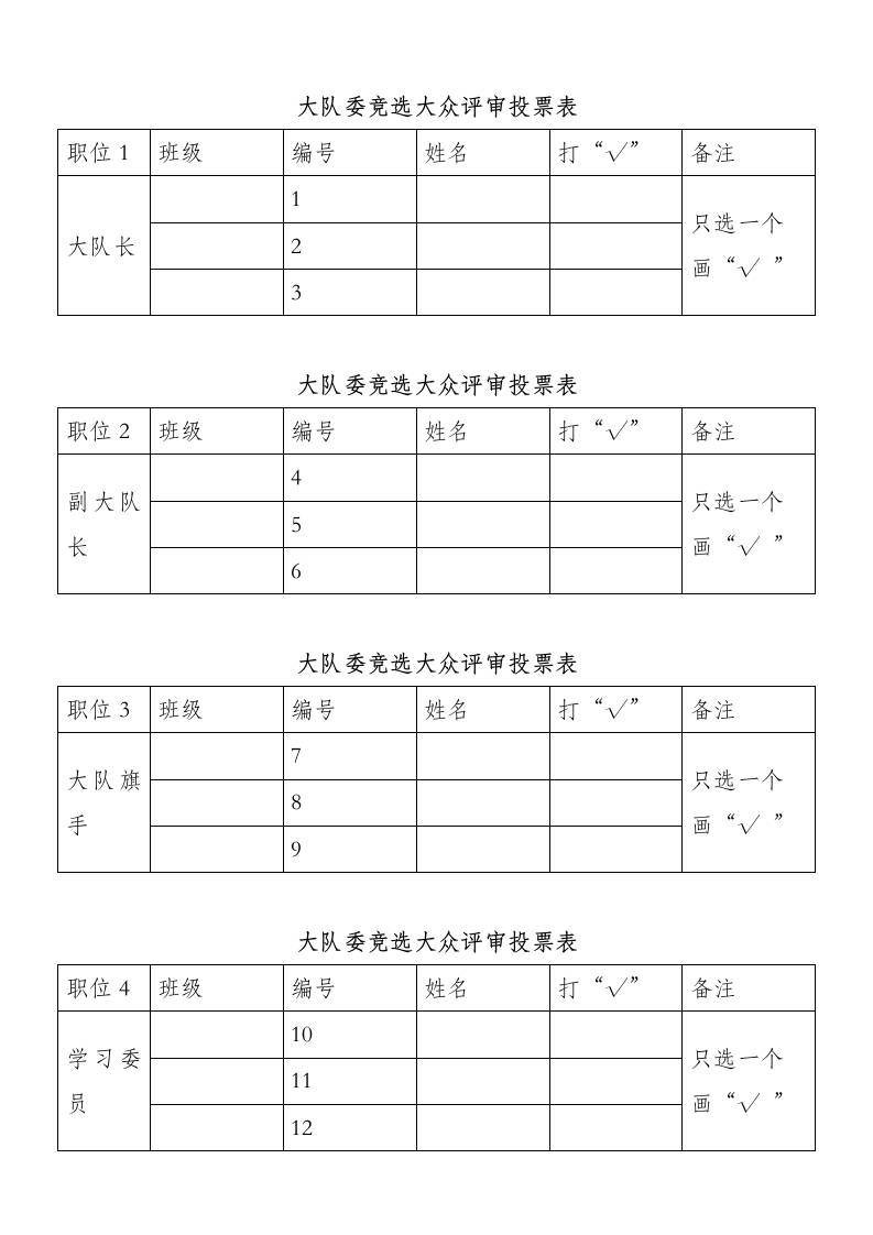 大队委竞选投票表（打印多份）