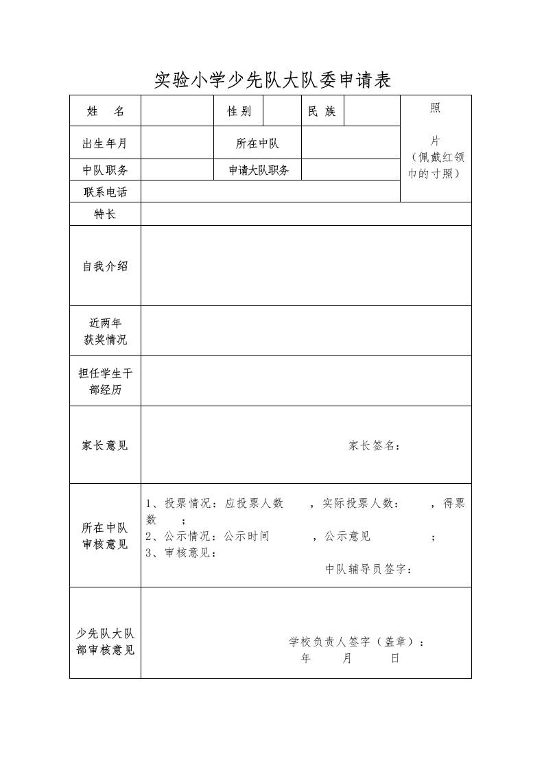 少先队大队委申请表