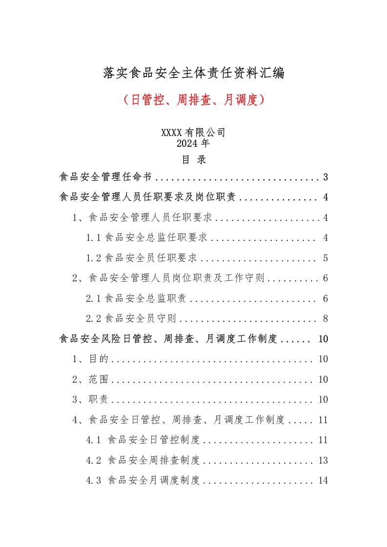 落实食品安全主体责任资料汇编（日管控、周排查、月调度）